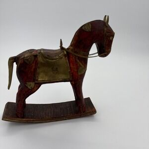 Vintage Indian Folk Art Rocking Horse Handcrafted Wood W Brass & Copper